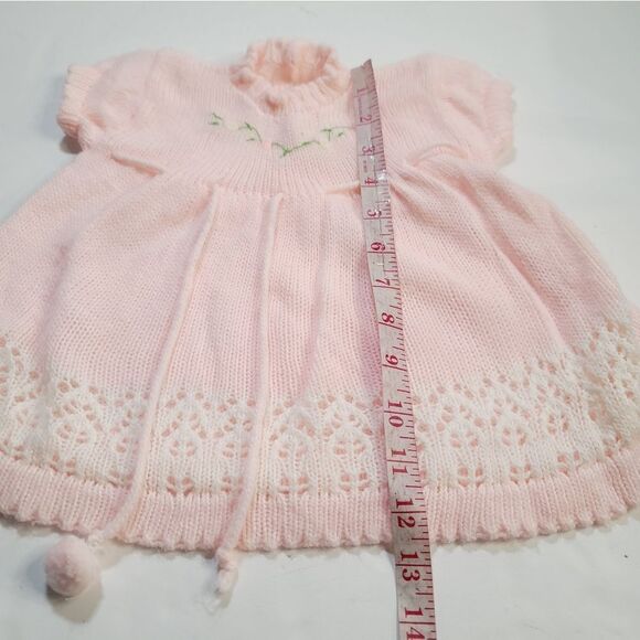 Vintage Pastel Pink Knit Sweater Baby Girl Dress Floral Embroidery - Picture 5 of 9